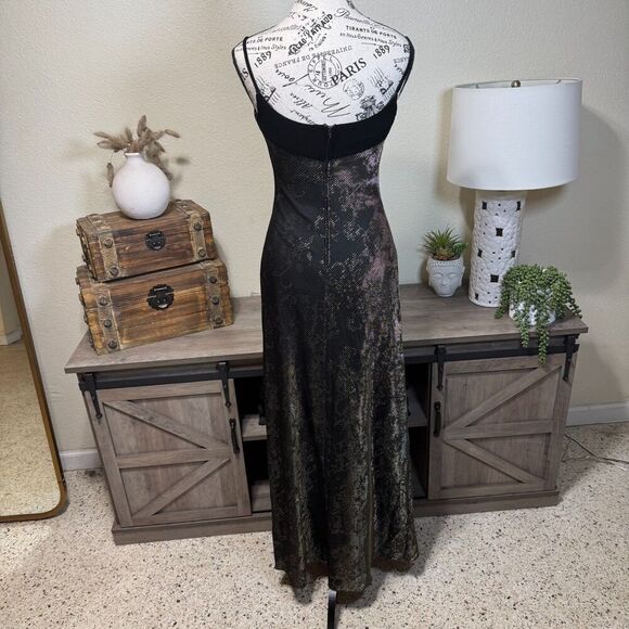Vintage Cache Metallic Evening Maxi Gown Velvet Trim Size 4 Deadstock Y2K - Picture 7 of 11